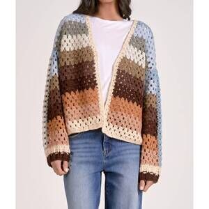 NEW ELAN stripe crochet sweater in neutral multi